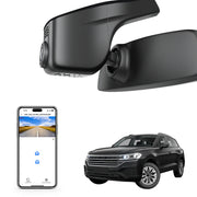 Car rearview mirror built-in dash cam with smartphone app control, 4K Ultra HD recording, GPS tracking, and Volkswagen Touareg SUV models in the background.