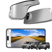 Car rearview mirror built-in dash cam with smartphone app control, 4K Ultra HD recording, GPS tracking, and Volkswagen Transporter van models in the background.