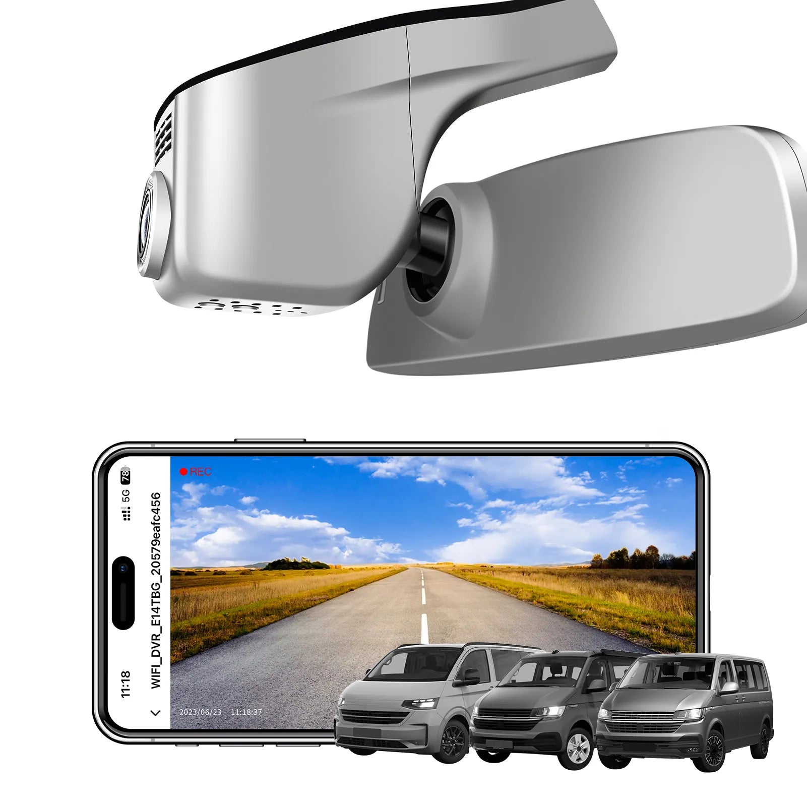 Car rearview mirror built-in dash cam with smartphone app control, 4K Ultra HD recording, GPS tracking, and Volkswagen Transporter van models in the background.