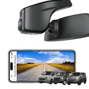 Car rearview mirror built-in dash cam with smartphone app control, 4K Ultra HD recording, GPS tracking, and Volkswagen Transporter van models in the background.