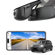 Car rearview mirror built-in dash cam with smartphone app control, 4K Ultra HD recording, GPS tracking, and Volkswagen up! & E-up vans models in the background.