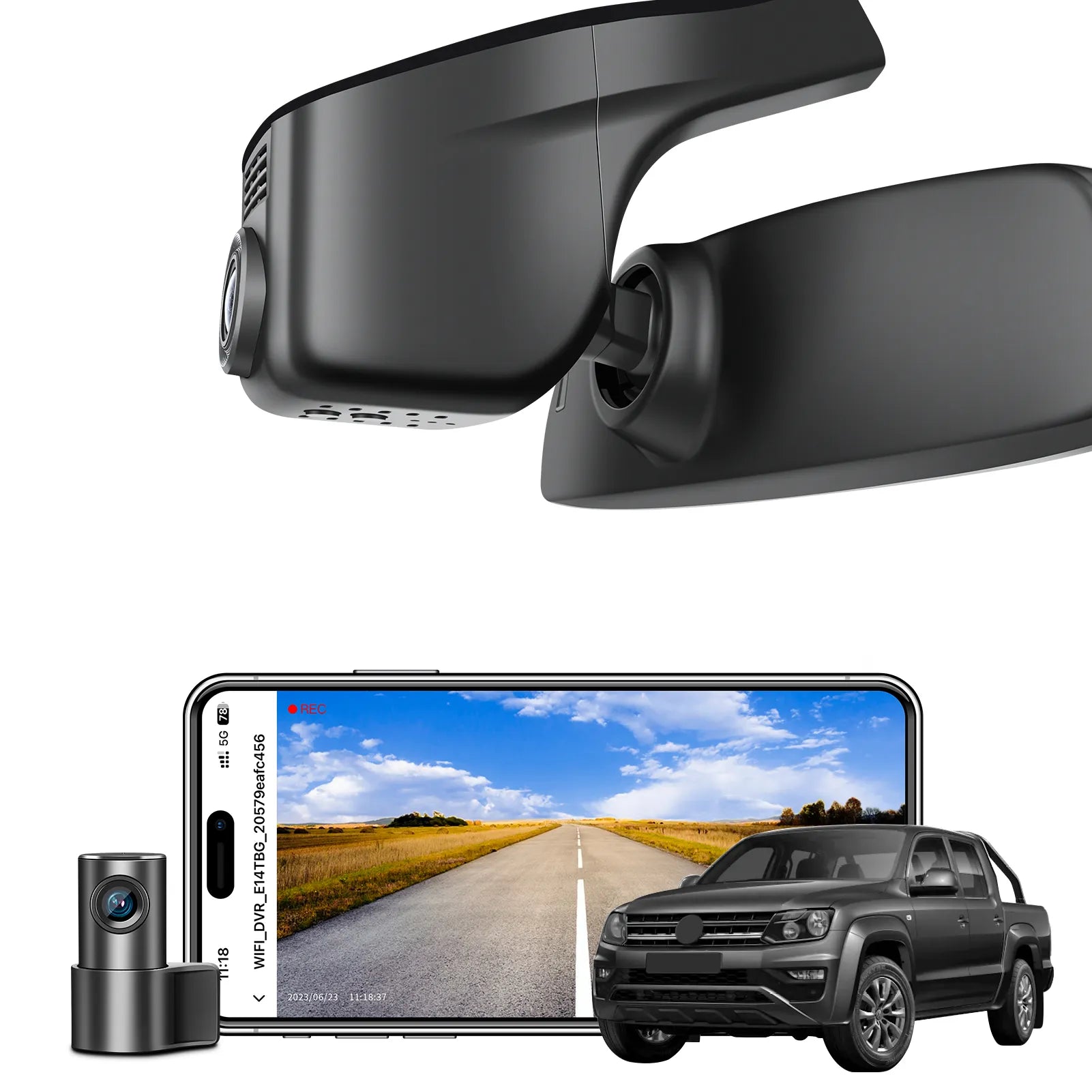 Car rearview mirror built-in dash cam with smartphone app control, 4K Ultra HD recording, GPS tracking, and Volkswagen Amarok Pickup models in the background.
