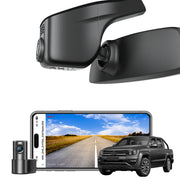 Car rearview mirror built-in dash cam with smartphone app control, 4K Ultra HD recording, GPS tracking, and Volkswagen Amarok Pickup models in the background.