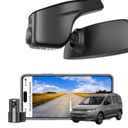 2 channel dash cam with dual STARVIS 2, features smartphone app control, 4K Ultra HD recording, GPS tracking, and Volkswagen Caddy MPV models in the background.  
