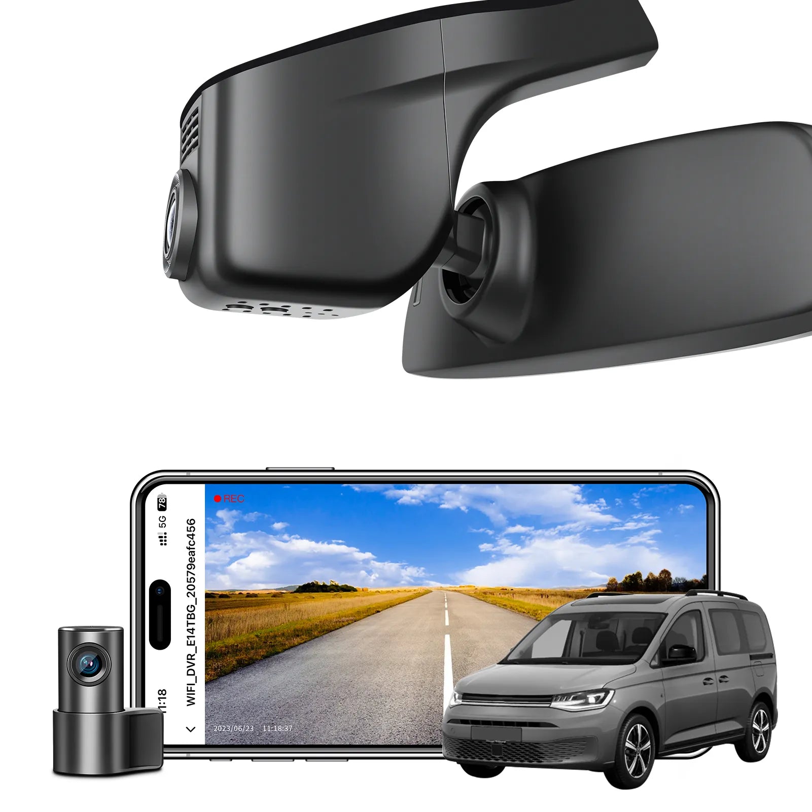 2 channel dash cam with dual STARVIS 2, features smartphone app control, 4K Ultra HD recording, GPS tracking, and Volkswagen Caddy MPV models in the background.  