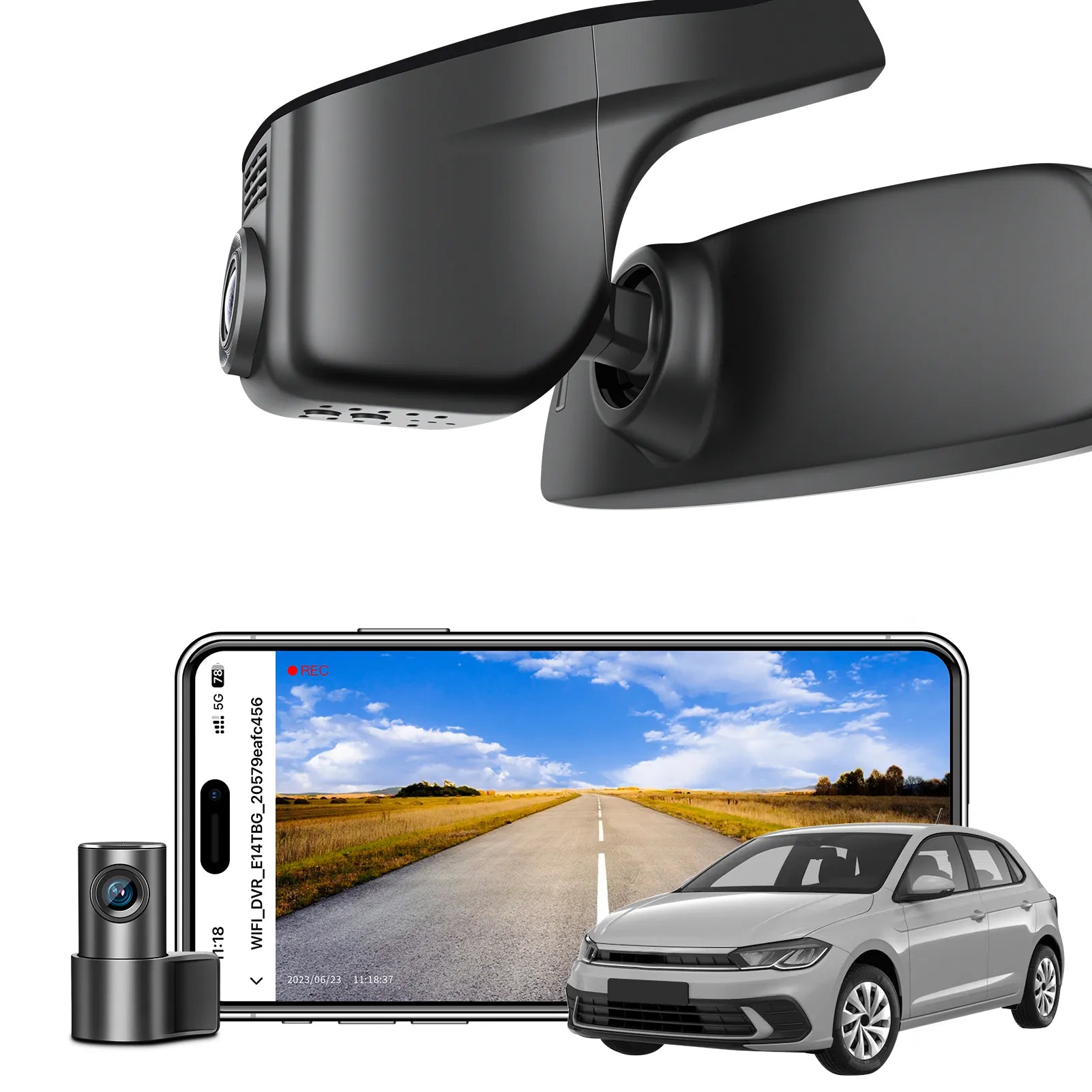 2 channel dash cam with dual STARVIS 2, features smartphone app control, 4K Ultra HD recording, GPS tracking, and Volkswagen POLO Sedans models in the background.  