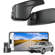 2 channel dash cam with dual STARVIS 2, features smartphone app control, 4K Ultra HD recording, GPS tracking, and Volkswagen POLO Sedans models in the background.  