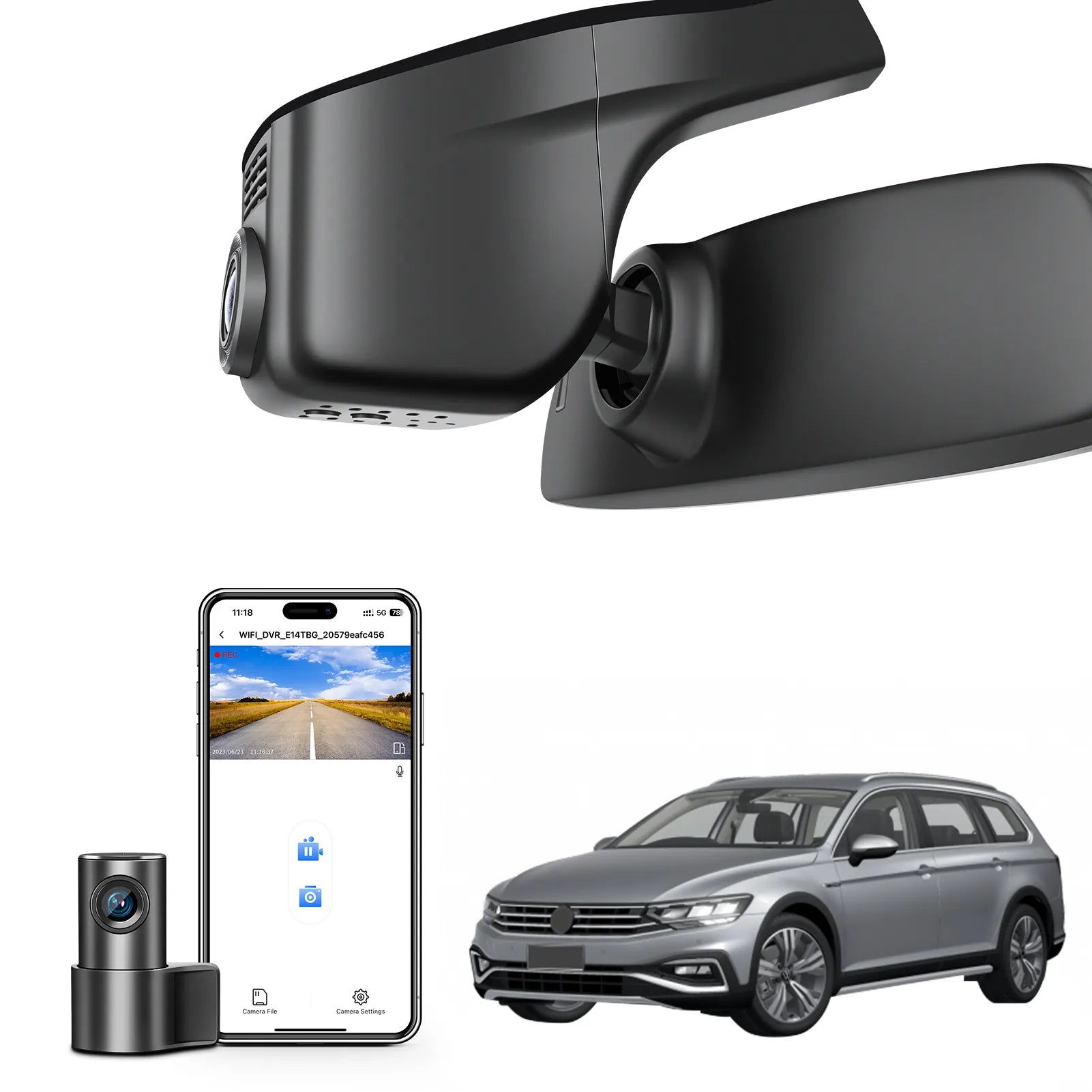 2 channel dash cam with dual STARVIS 2, features smartphone app control, 4K Ultra HD recording, GPS tracking, and Volkswagen Passat Sedan models in the background.  