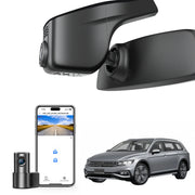 2 channel dash cam with dual STARVIS 2, features smartphone app control, 4K Ultra HD recording, GPS tracking, and Volkswagen Passat Sedan models in the background.  