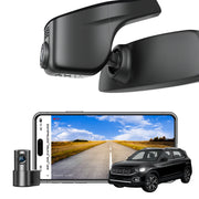 2 channel dash cam with dual STARVIS 2, features smartphone app control, 4K Ultra HD recording, GPS tracking, and Volkswagen T-Cross SUV models in the background.  