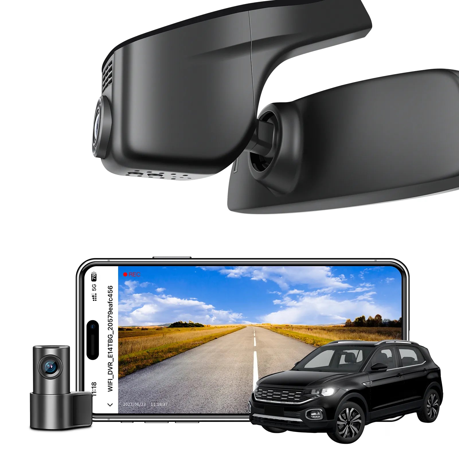 2 channel dash cam with dual STARVIS 2, features smartphone app control, 4K Ultra HD recording, GPS tracking, and Volkswagen T-Cross SUV models in the background.  