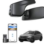 2 channel dash cam with dual STARVIS 2, features smartphone app control, 4K Ultra HD recording, GPS tracking, and Volkswagen Taigo Coupe SUV models in the background.  