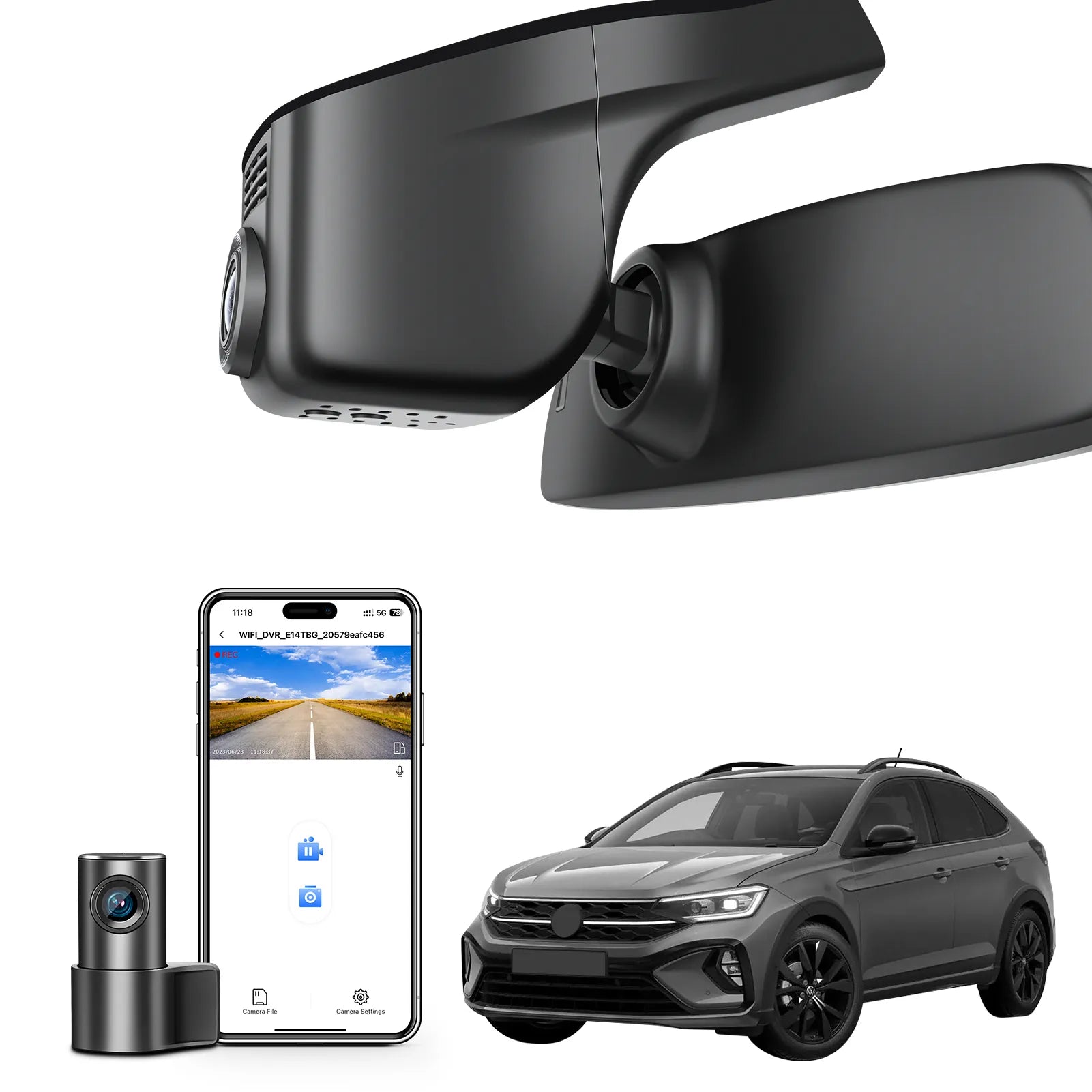 2 channel dash cam with dual STARVIS 2, features smartphone app control, 4K Ultra HD recording, GPS tracking, and Volkswagen Taigo Coupe SUV models in the background.  