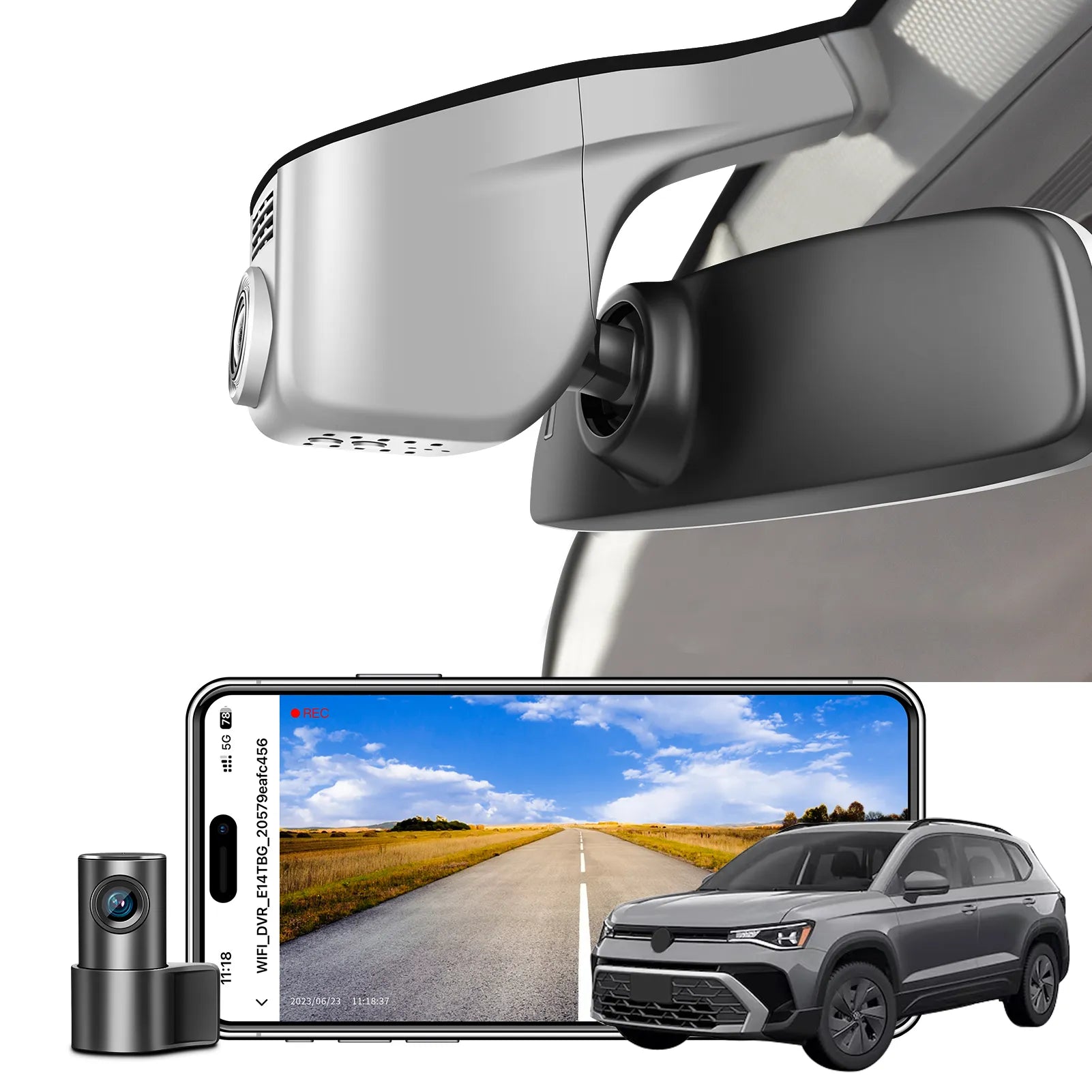 2 channel dash cam with dual STARVIS 2, features smartphone app control, 4K Ultra HD recording, GPS tracking, and Volkswagen Taos SUV models in the background.  