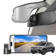 2 channel dash cam with dual STARVIS 2, features smartphone app control, 4K Ultra HD recording, GPS tracking, and Volkswagen Taos SUV models in the background.  