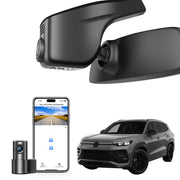 2 channel dash cam with dual STARVIS 2, features smartphone app control, 4K Ultra HD recording, GPS tracking, and Volkswagen Tayron Coupe SUV models in the background.  