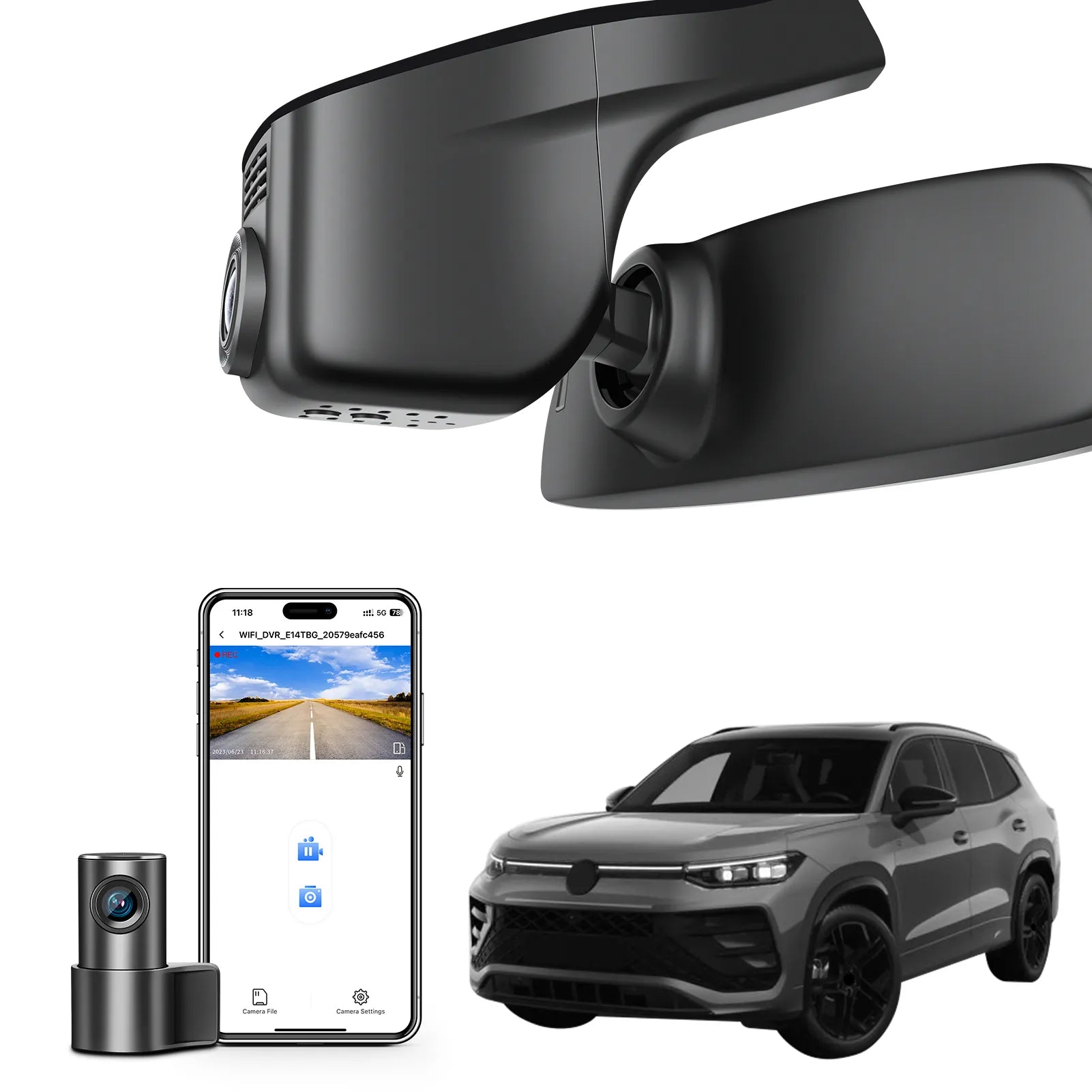 2 channel dash cam with dual STARVIS 2, features smartphone app control, 4K Ultra HD recording, GPS tracking, and Volkswagen Tayron Coupe SUV models in the background.  