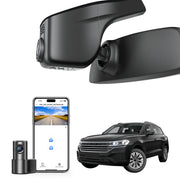 2 channel dash cam with dual STARVIS 2, features smartphone app control, 4K Ultra HD recording, GPS tracking, and Volkswagen Touareg SUV models in the background.  