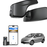 2 channel dash cam with dual STARVIS 2, features smartphone app control, 4K Ultra HD recording, GPS tracking, and Volkswagen Touran MPV models in the background.  