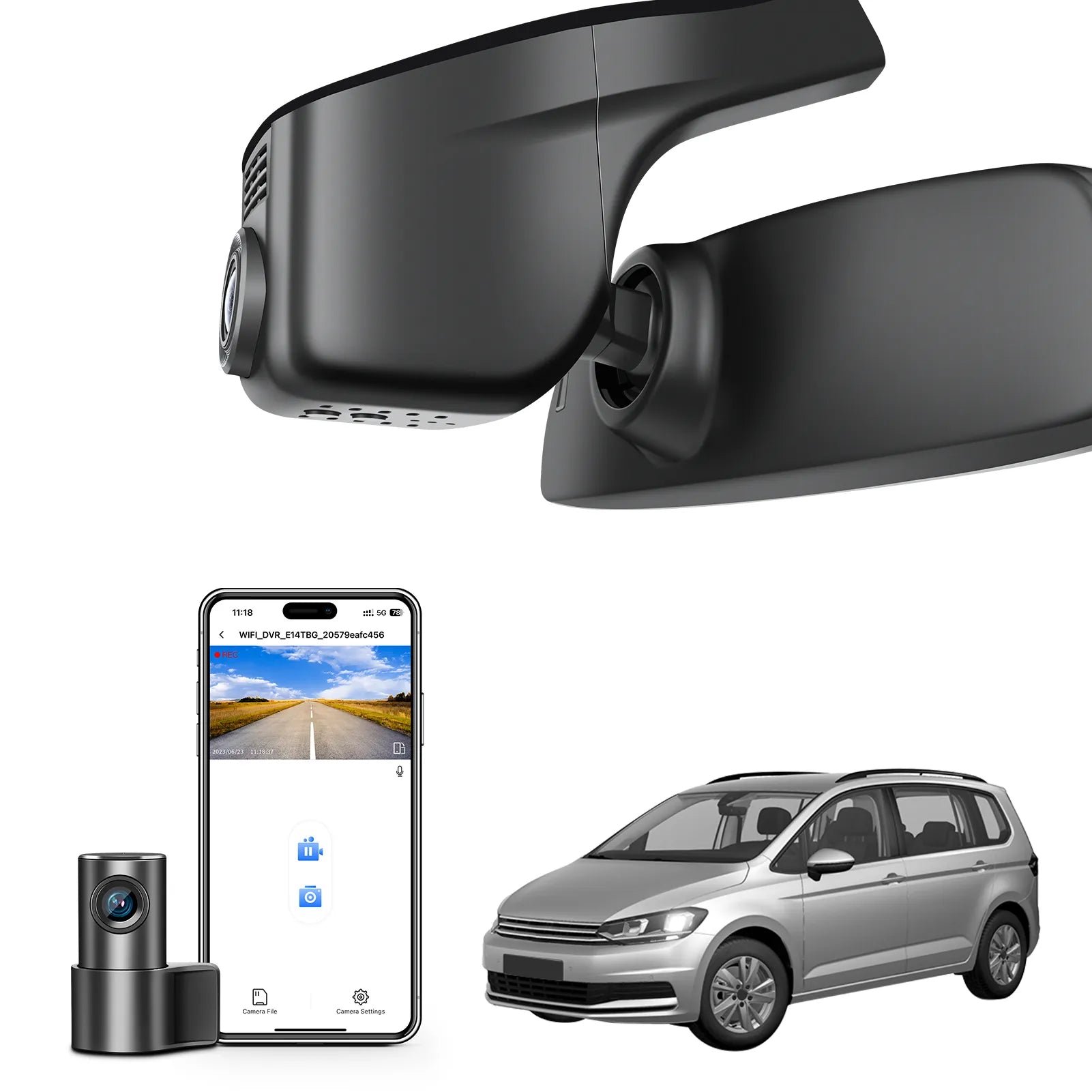 2 channel dash cam with dual STARVIS 2, features smartphone app control, 4K Ultra HD recording, GPS tracking, and Volkswagen Touran MPV models in the background.  