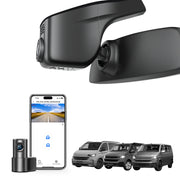 2 channel dash cam with dual STARVIS 2, features smartphone app control, 4K Ultra HD recording, GPS tracking, and Volkswagen Transporter van models in the background.  