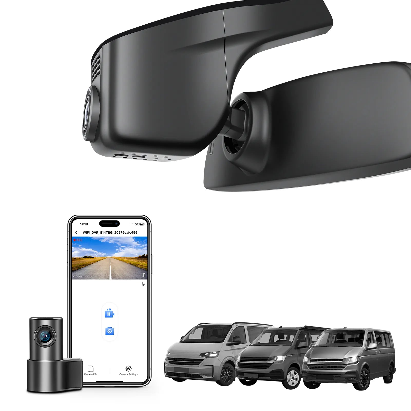 2 channel dash cam with dual STARVIS 2, features smartphone app control, 4K Ultra HD recording, GPS tracking, and Volkswagen Transporter van models in the background.  