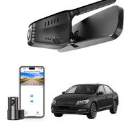 2 channel dash cam with dual STARVIS 2, features smartphone app control, 4K Ultra HD recording, GPS tracking, and Volkswagen vehicle models in the background.  