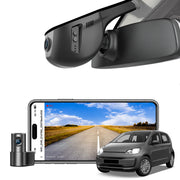 2 channel dash cam with dual STARVIS 2, features smartphone app control, 4K Ultra HD recording, GPS tracking, and Volkswagen up! & E-up vans models in the background.  
