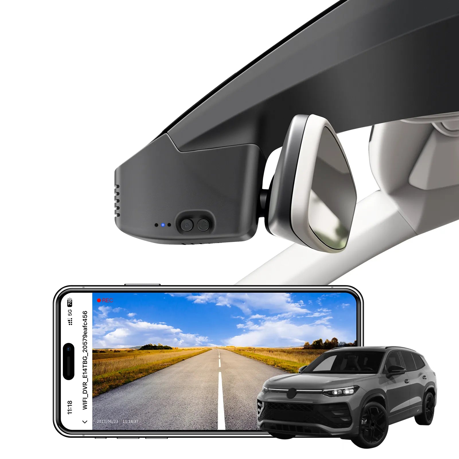 Car rearview mirror built-in dash cam with smartphone app control, 4K Ultra HD recording, GPS tracking, and Volkswagen Tayron SUV models in the background.