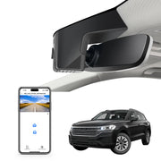 Car rearview mirror built-in dash cam with smartphone app control, 4K Ultra HD recording, GPS tracking, and Volkswagen Touareg SUV models in the background.