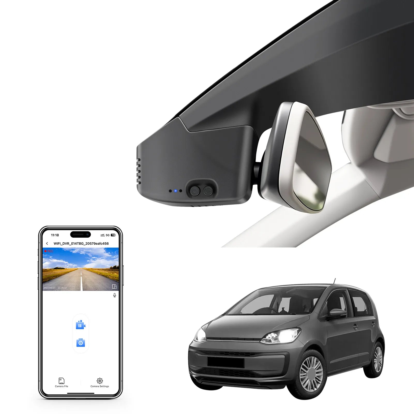 Car rearview mirror built-in dash cam with smartphone app control, 4K Ultra HD recording, GPS tracking, and Volkswagen up! & E-up vans models in the background.