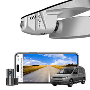 2 channel dash cam with dual STARVIS 2, features smartphone app control, 4K Ultra HD recording, GPS tracking, and Volkswagen Caddy MPV models in the background.  