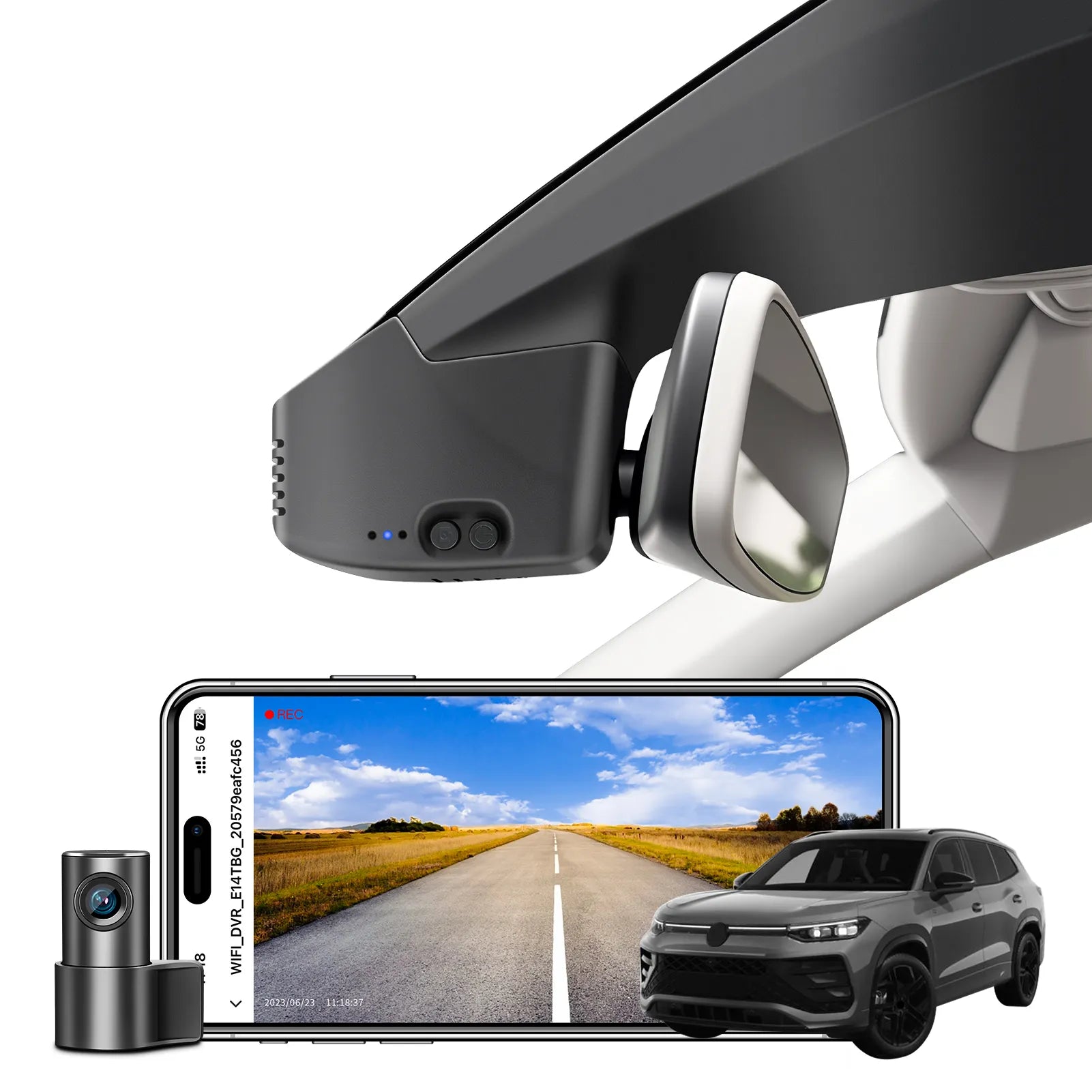 2 channel dash cam with dual STARVIS 2, features smartphone app control, 4K Ultra HD recording, GPS tracking, and Volkswagen Tayron Coupe SUV models in the background.  