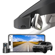 2 channel dash cam with dual STARVIS 2, features smartphone app control, 4K Ultra HD recording, GPS tracking, and Volkswagen Tayron Coupe SUV models in the background.  