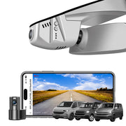 2 channel dash cam with dual STARVIS 2, features smartphone app control, 4K Ultra HD recording, GPS tracking, and Volkswagen Transporter van models in the background.  