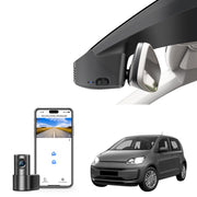2 channel dash cam with dual STARVIS 2, features smartphone app control, 4K Ultra HD recording, GPS tracking, and Volkswagen up! & E-up vans models in the background.  