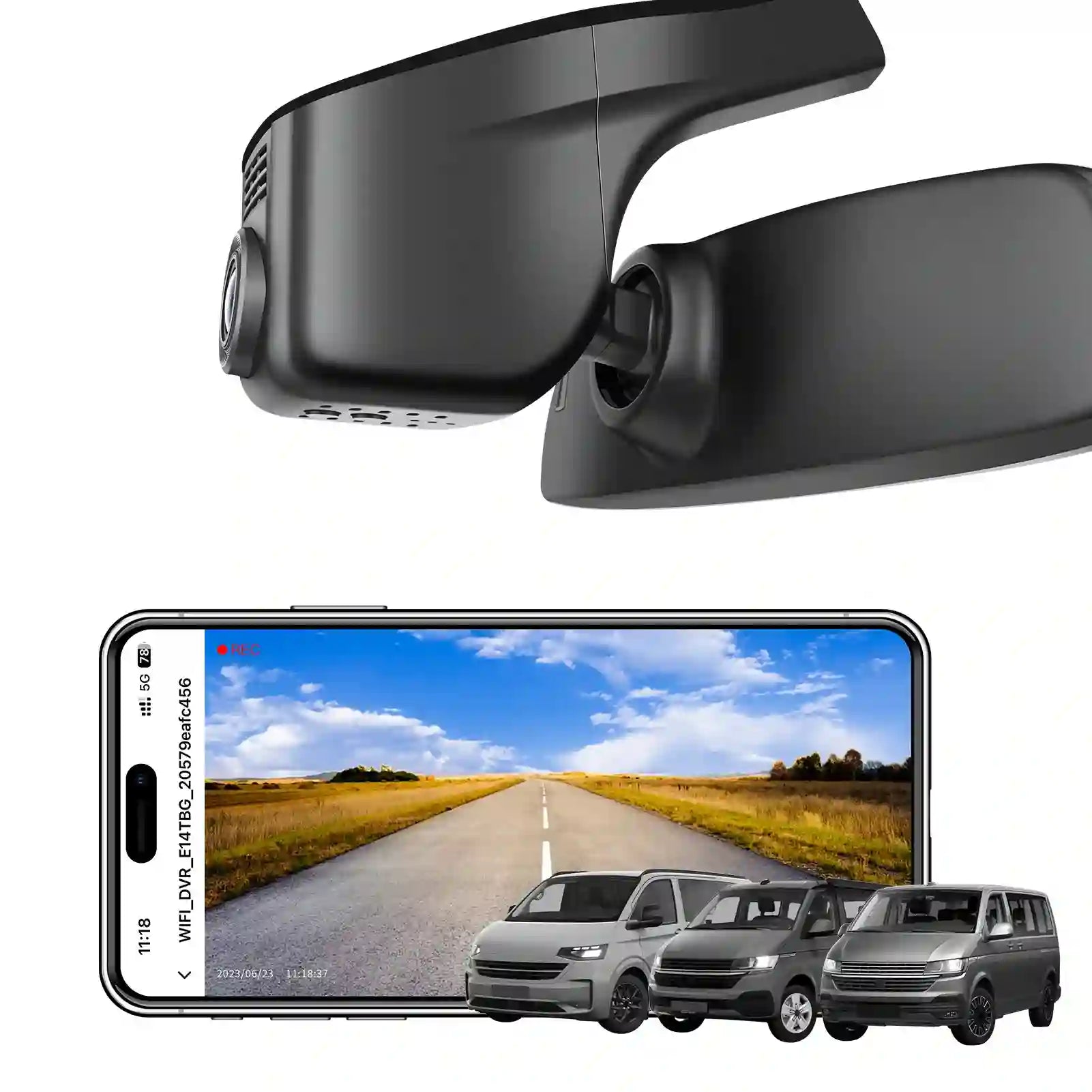 Car dashboard camera with smartphone display showing a road scene.