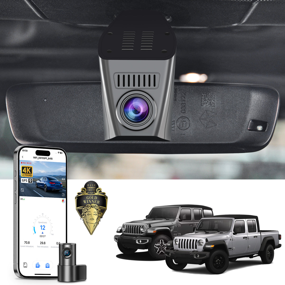 Mangoal HDR Dash Cam STARVIS 2 for Jeep Gladiator JT & Wrangler JL