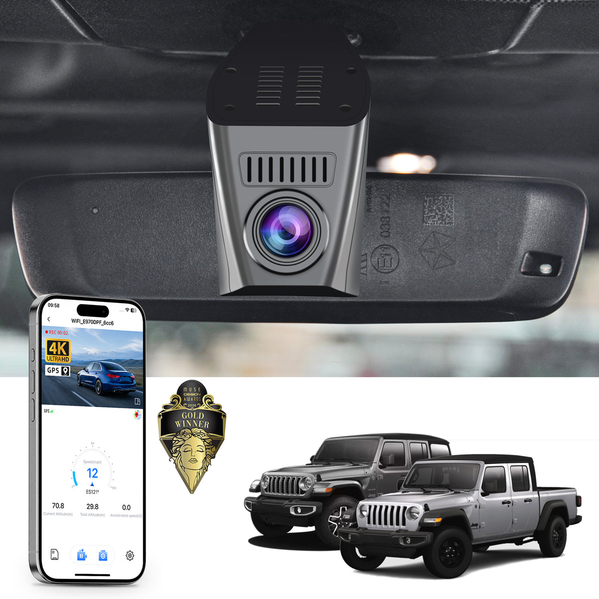 Mangoal HDR Dash Cam STARVIS 2 for Jeep Gladiator JT & Wrangler JL