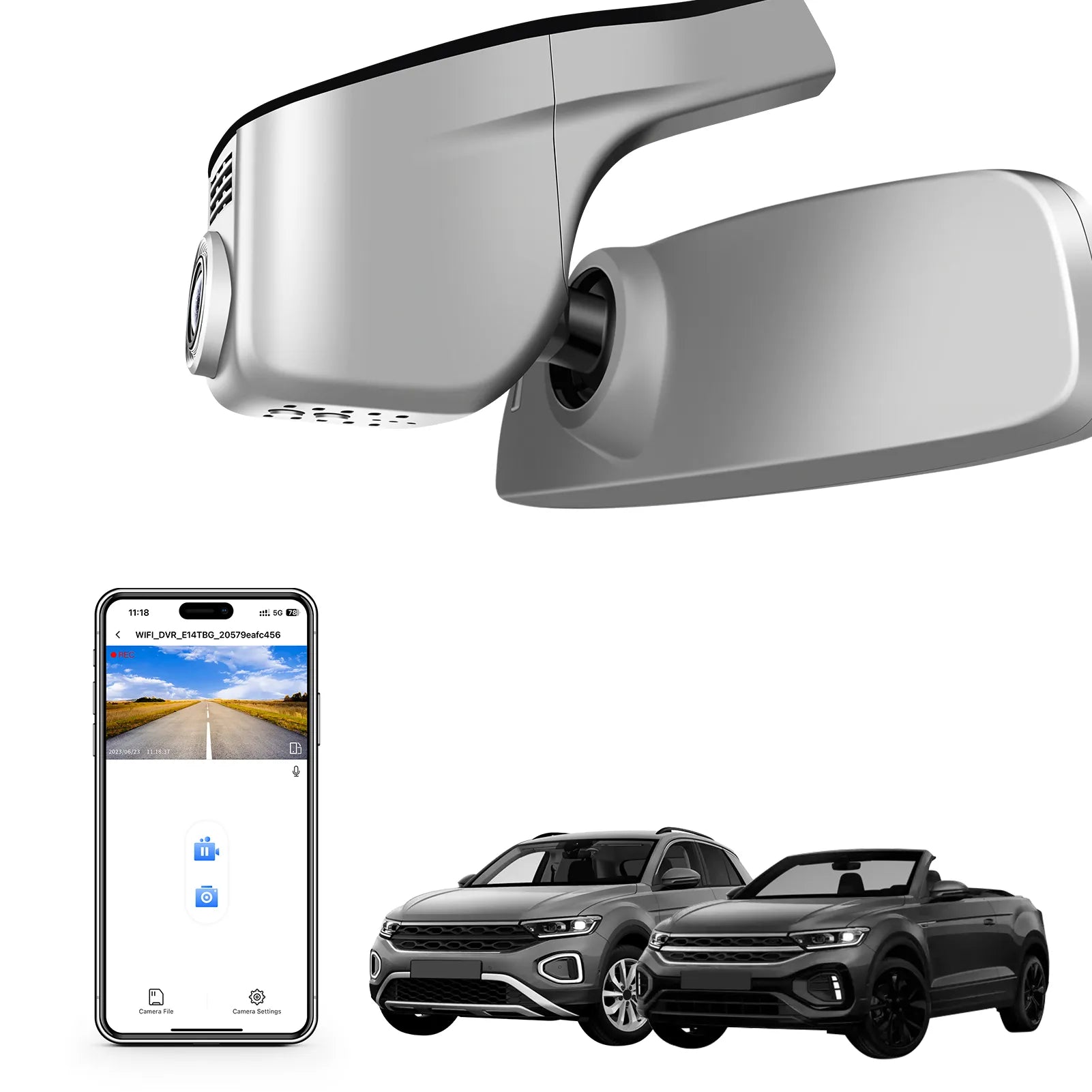 Car rearview mirror built-in dash cam with smartphone app control, 4K Ultra HD recording, GPS tracking, and Volkswagen T-ROC SUV models in the background.