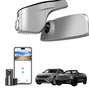 2 channel dash cam with dual STARVIS 2, features smartphone app control, 4K Ultra HD recording, GPS tracking, and Volkswagen T-ROC SUV models in the background.  