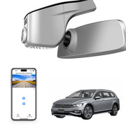 Car rearview mirror built-in dash cam with smartphone app control, 4K Ultra HD recording, GPS tracking, and Volkswagen Passat Sedan models in the background.