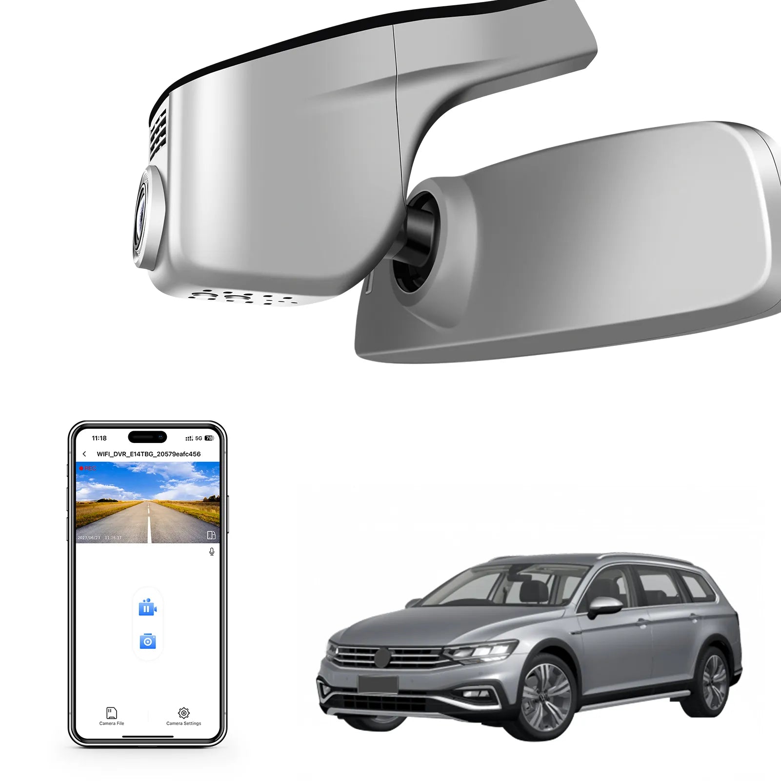 Car rearview mirror built-in dash cam with smartphone app control, 4K Ultra HD recording, GPS tracking, and Volkswagen Passat Sedan models in the background.