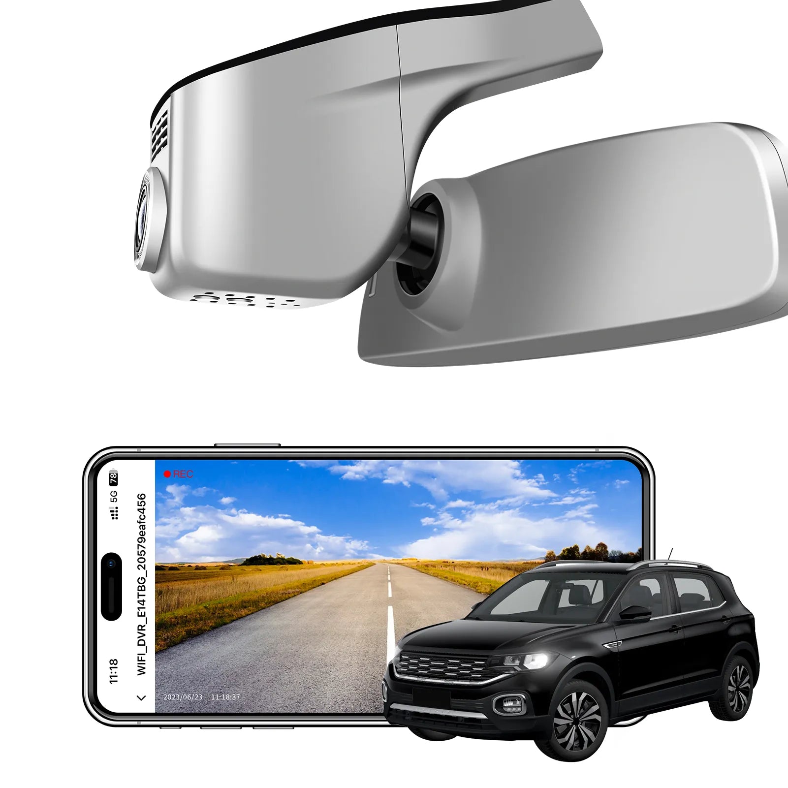 Car rearview mirror built-in dash cam with smartphone app control, 4K Ultra HD recording, GPS tracking, and Volkswagen T-Cross SUV models in the background.