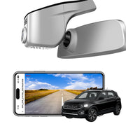 Car rearview mirror built-in dash cam with smartphone app control, 4K Ultra HD recording, GPS tracking, and Volkswagen T-Cross SUV models in the background.