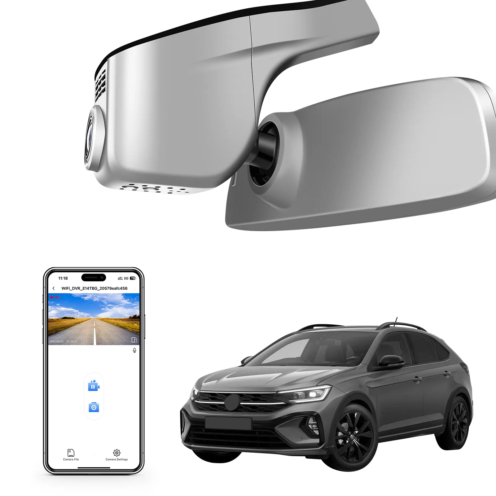 Car rearview mirror built-in dash cam with smartphone app control, 4K Ultra HD recording, GPS tracking, and Volkswagen Taigo SUV models in the background.