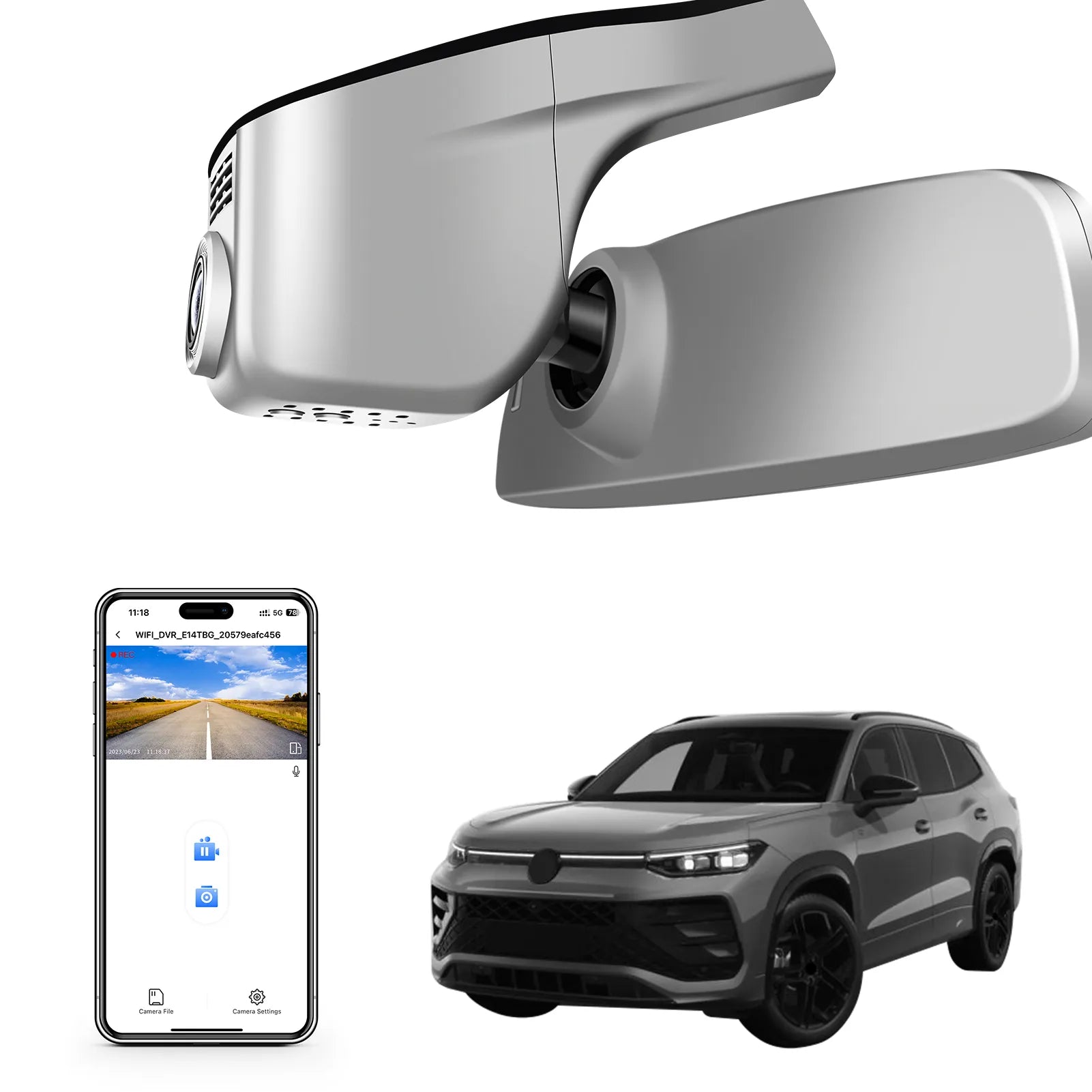 Car rearview mirror built-in dash cam with smartphone app control, 4K Ultra HD recording, GPS tracking, and Volkswagen Tayron SUV models in the background.