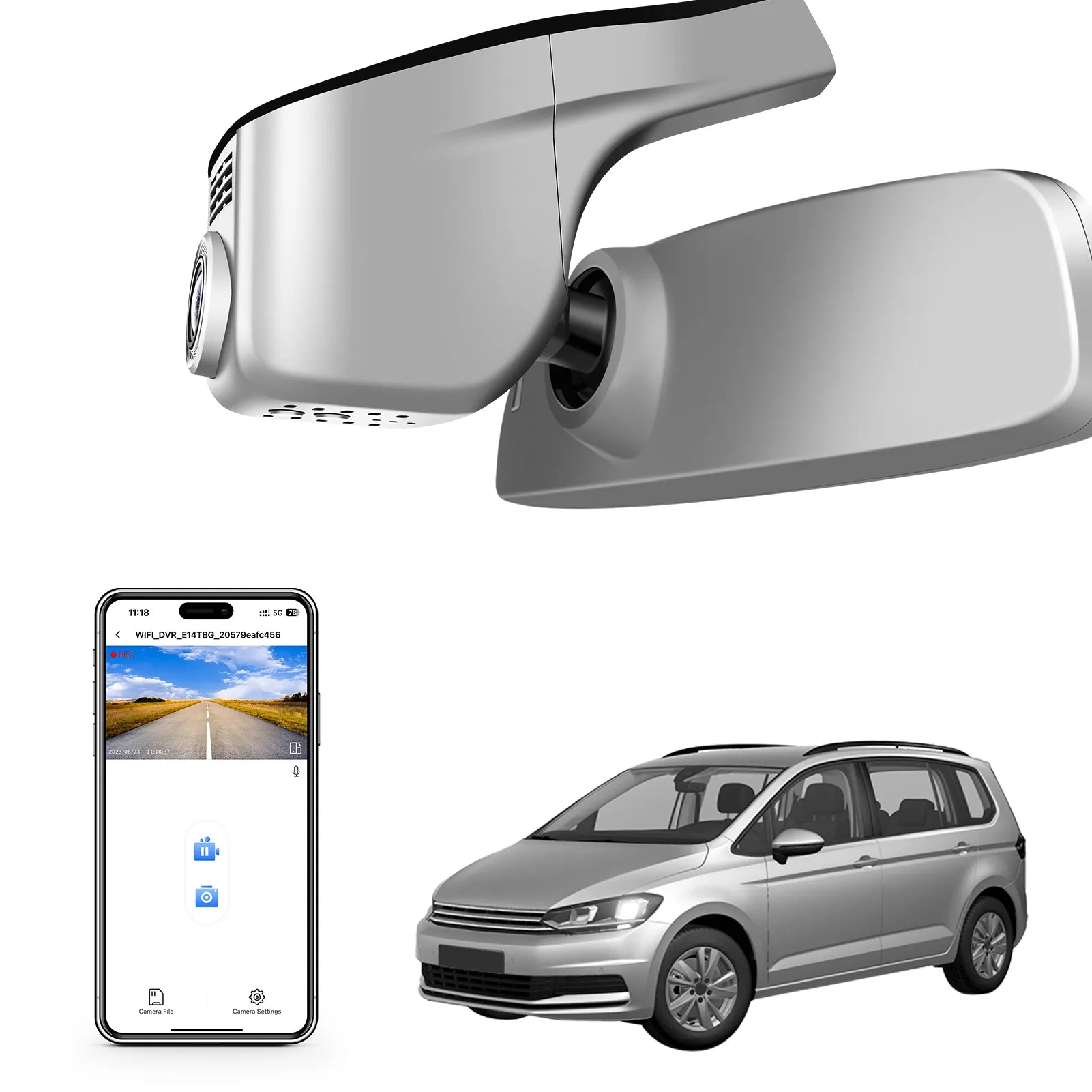 Car rearview mirror built-in dash cam with smartphone app control, 4K Ultra HD recording, GPS tracking, and Volkswagen Touran MPV models in the background.
