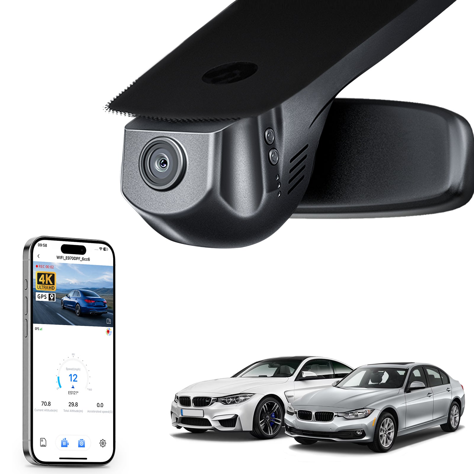 Mangoal rearview mirror built-in dash cam with smartphone app control, 4K Ultra HD recording, GPS tracking, and   models in the background.