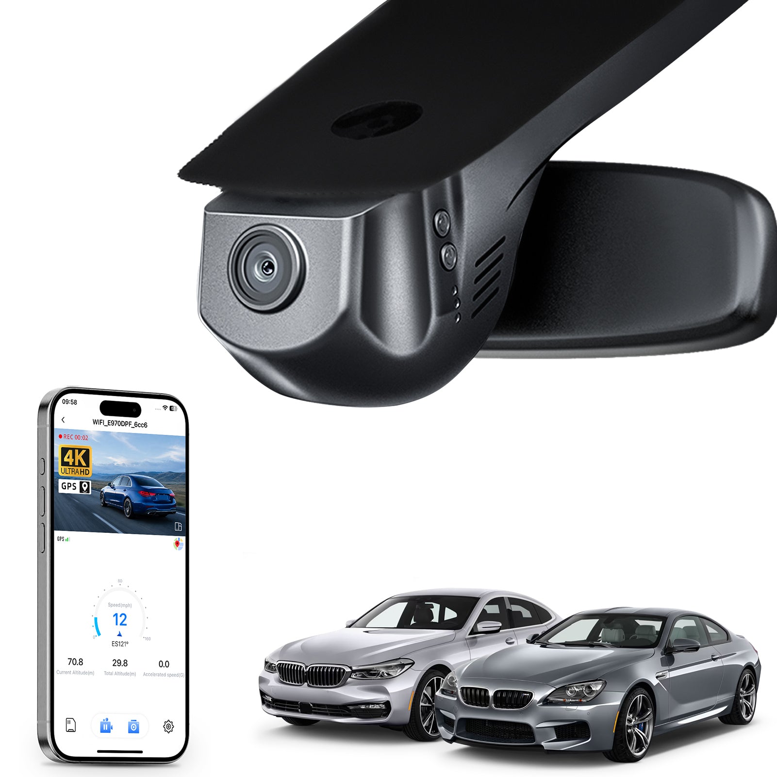Mangoal rearview mirror built-in dash cam with smartphone app control, 4K Ultra HD recording, GPS tracking, and BMW 7 Series Gen6 models in the background.